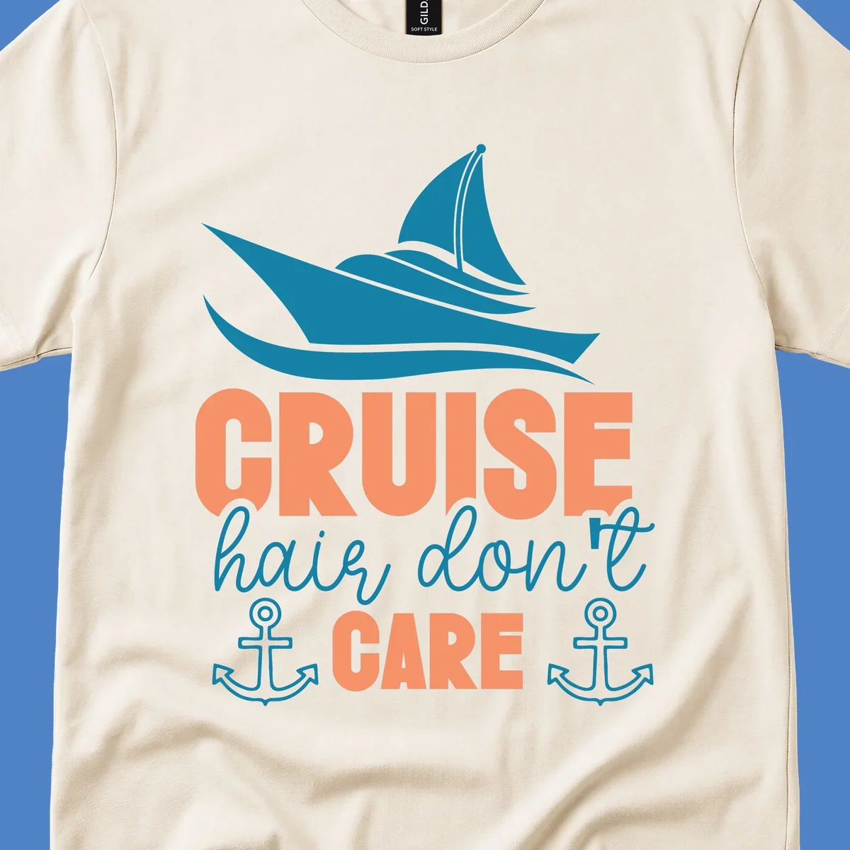 Teal sailboat and waves above coral text reading 'CRUISE hair, don't CARE' with anchor designs