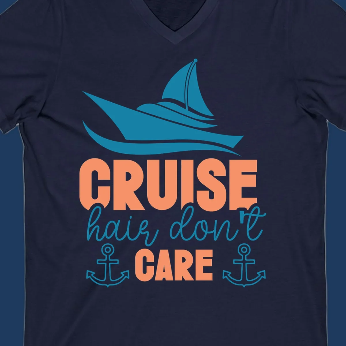 Teal sailboat and waves above coral text reading 'CRUISE hair, don't CARE' with anchor designs