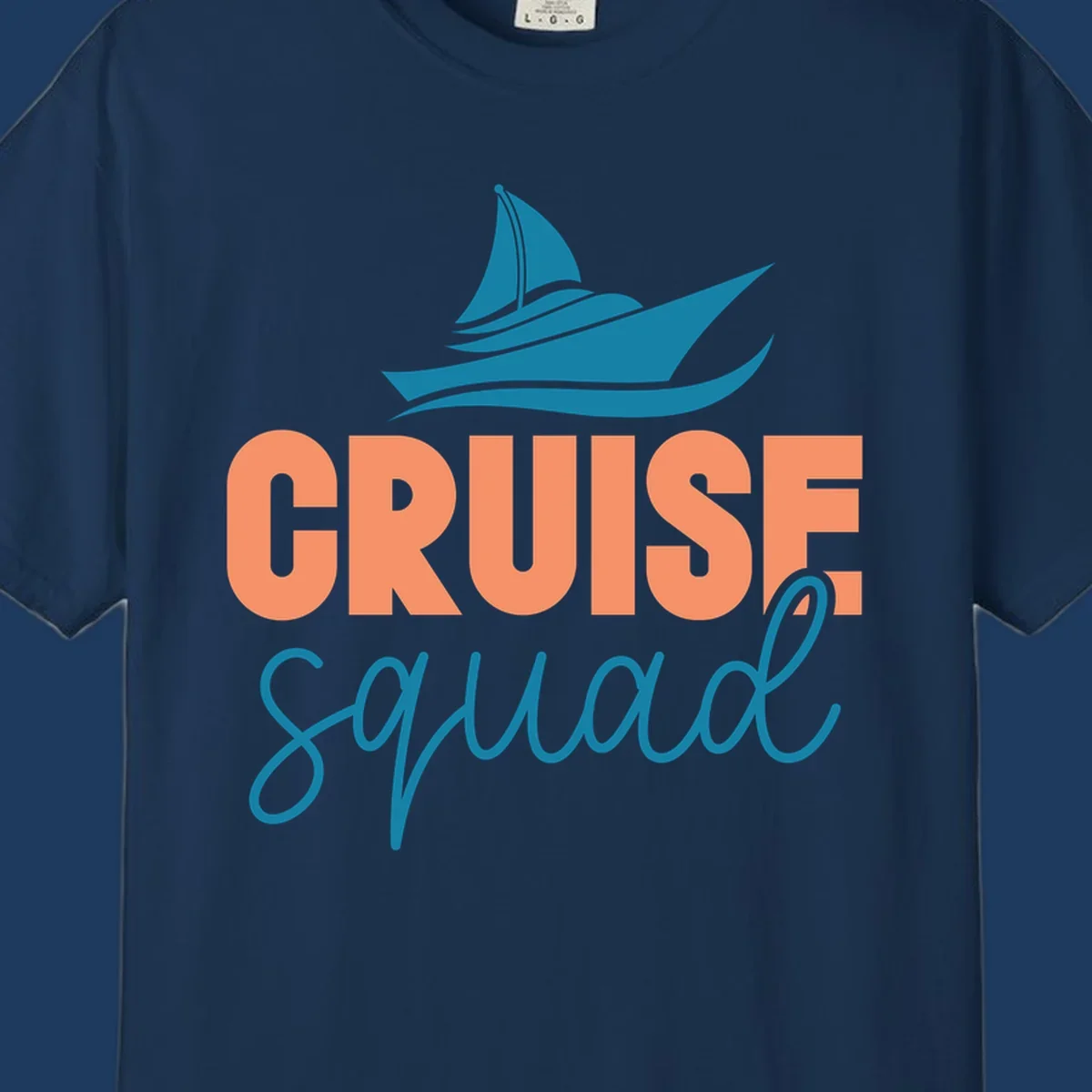 Teal sailboat illustration above coral text reading 'CRUISE Squad' on gray background