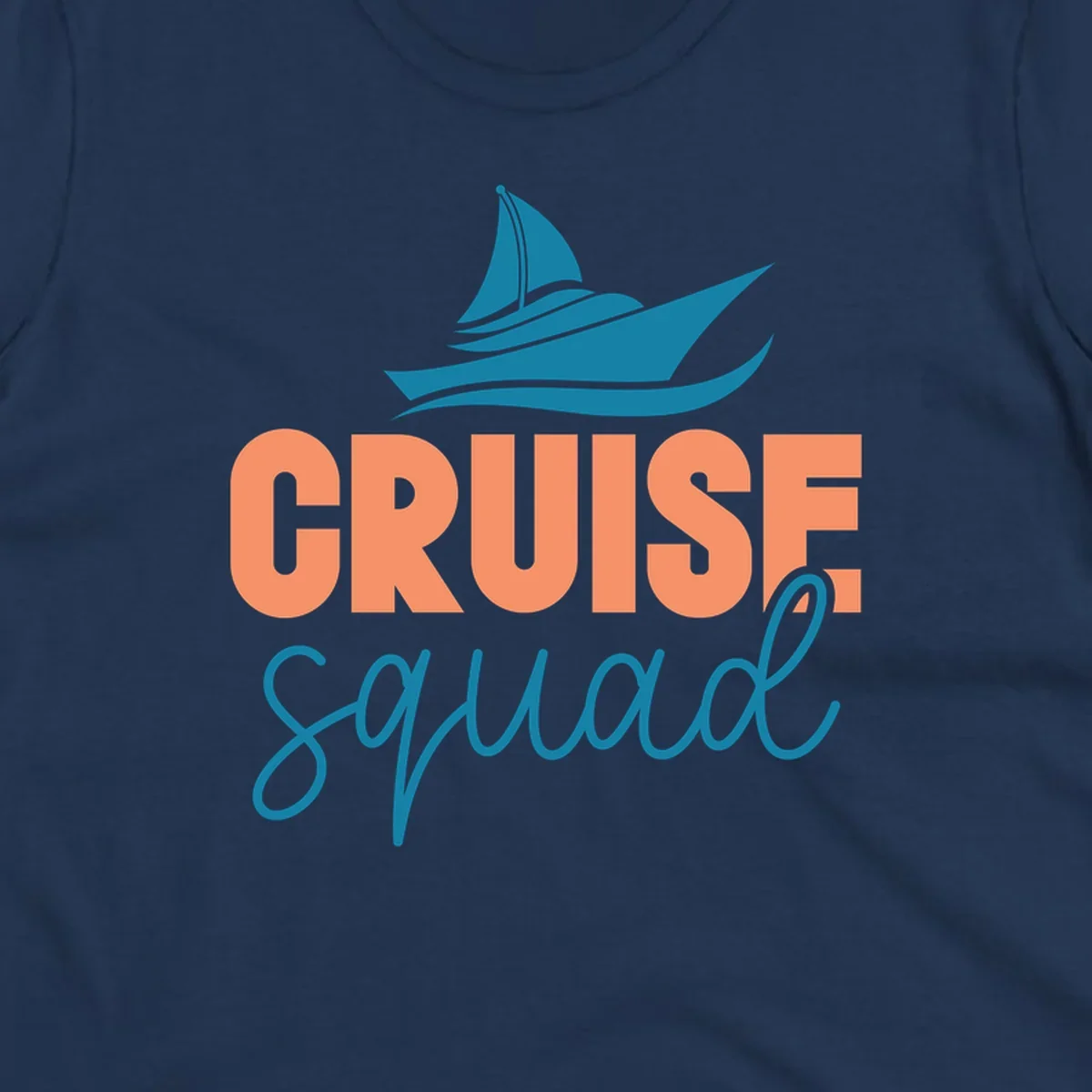 Teal sailboat illustration above coral text reading 'CRUISE Squad' on gray background