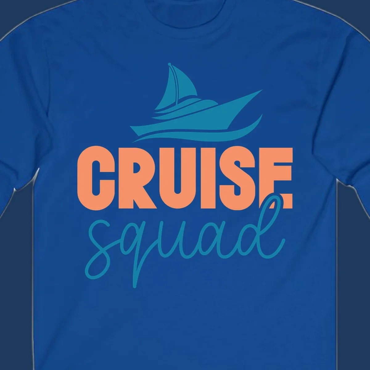 Teal sailboat illustration above coral text reading 'CRUISE Squad' on gray background