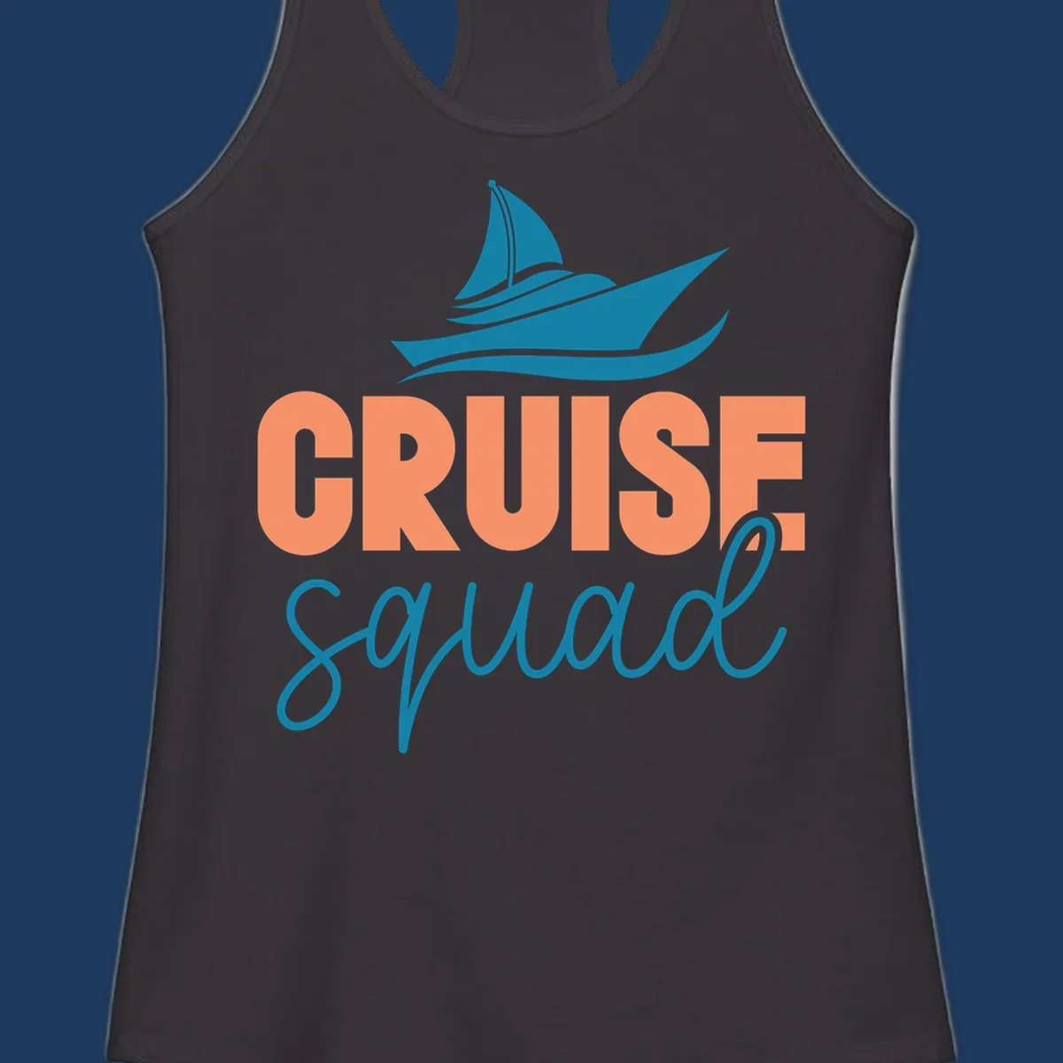 Teal sailboat illustration above coral text reading 'CRUISE Squad' on gray background