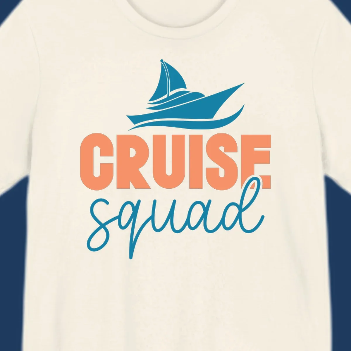 Teal sailboat illustration above coral text reading 'CRUISE Squad' on gray background