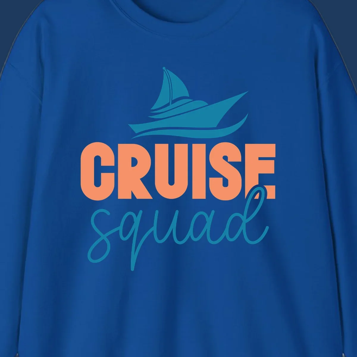 Teal sailboat illustration above coral text reading 'CRUISE Squad' on gray background