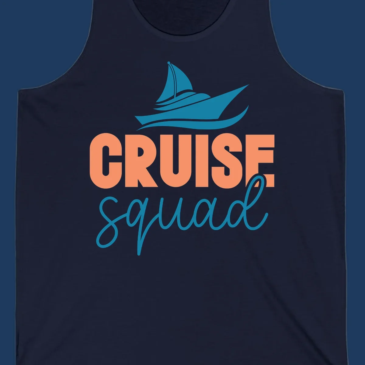 Teal sailboat illustration above coral text reading 'CRUISE Squad' on gray background