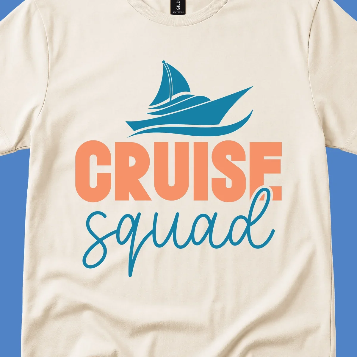 Teal sailboat illustration above coral text reading 'CRUISE Squad' on gray background