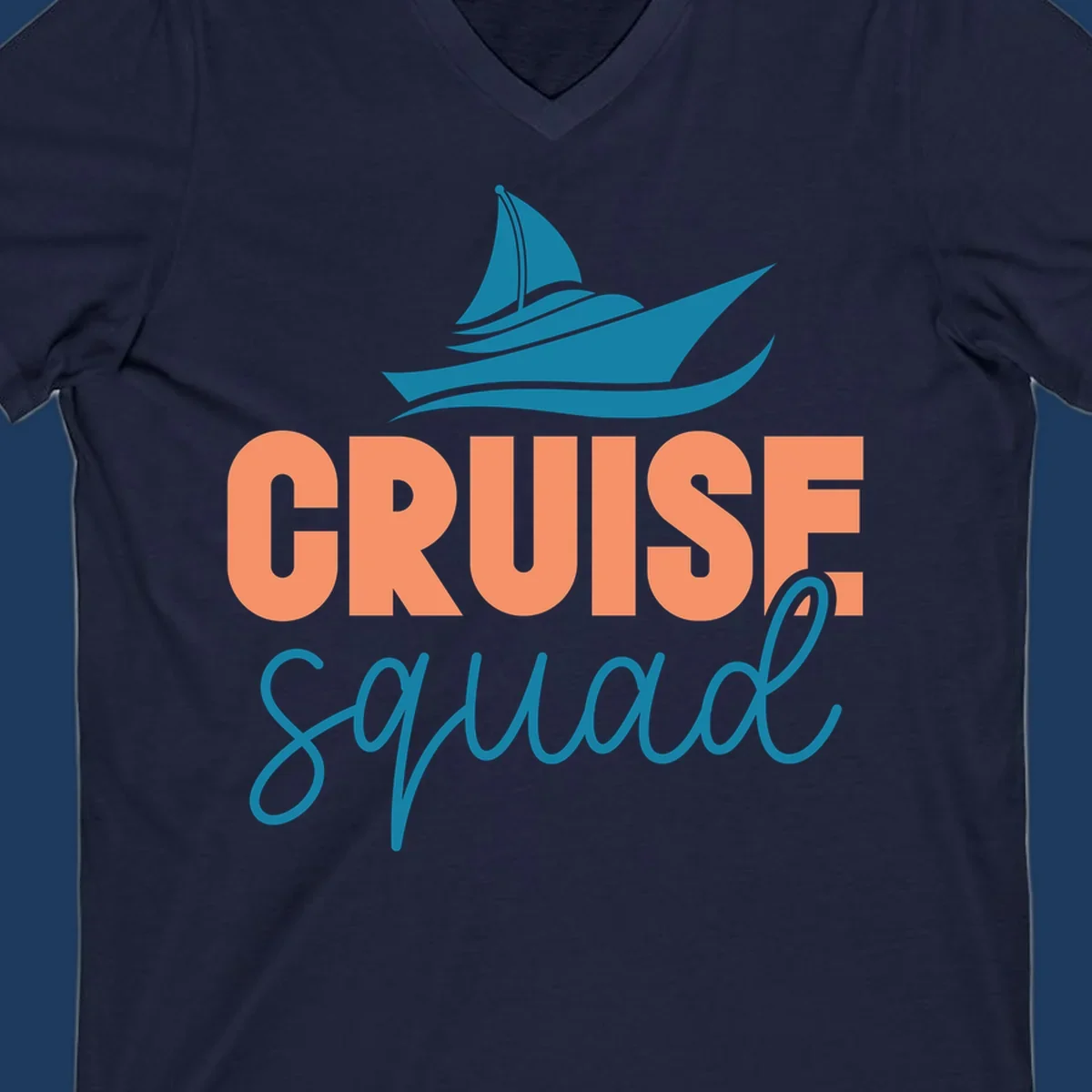 Teal sailboat illustration above coral text reading 'CRUISE Squad' on gray background