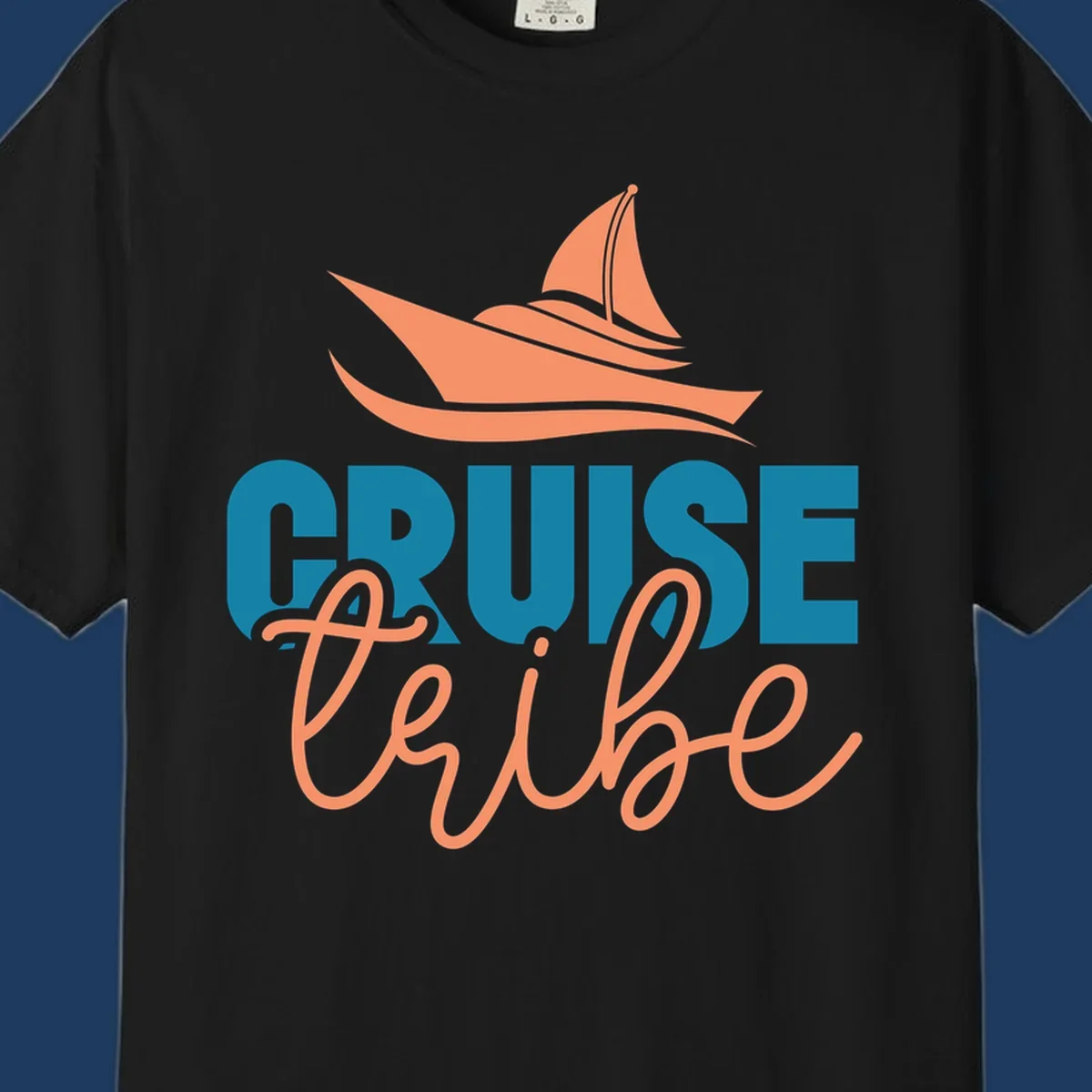 Cruise vibe sailboat design with coral sailboat, ocean waves, and teal and coral lettering on gray background