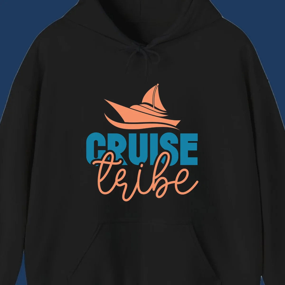 Cruise vibe sailboat design with coral sailboat, ocean waves, and teal and coral lettering on gray background