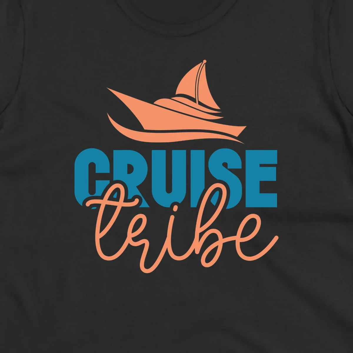 Cruise vibe sailboat design with coral sailboat, ocean waves, and teal and coral lettering on gray background
