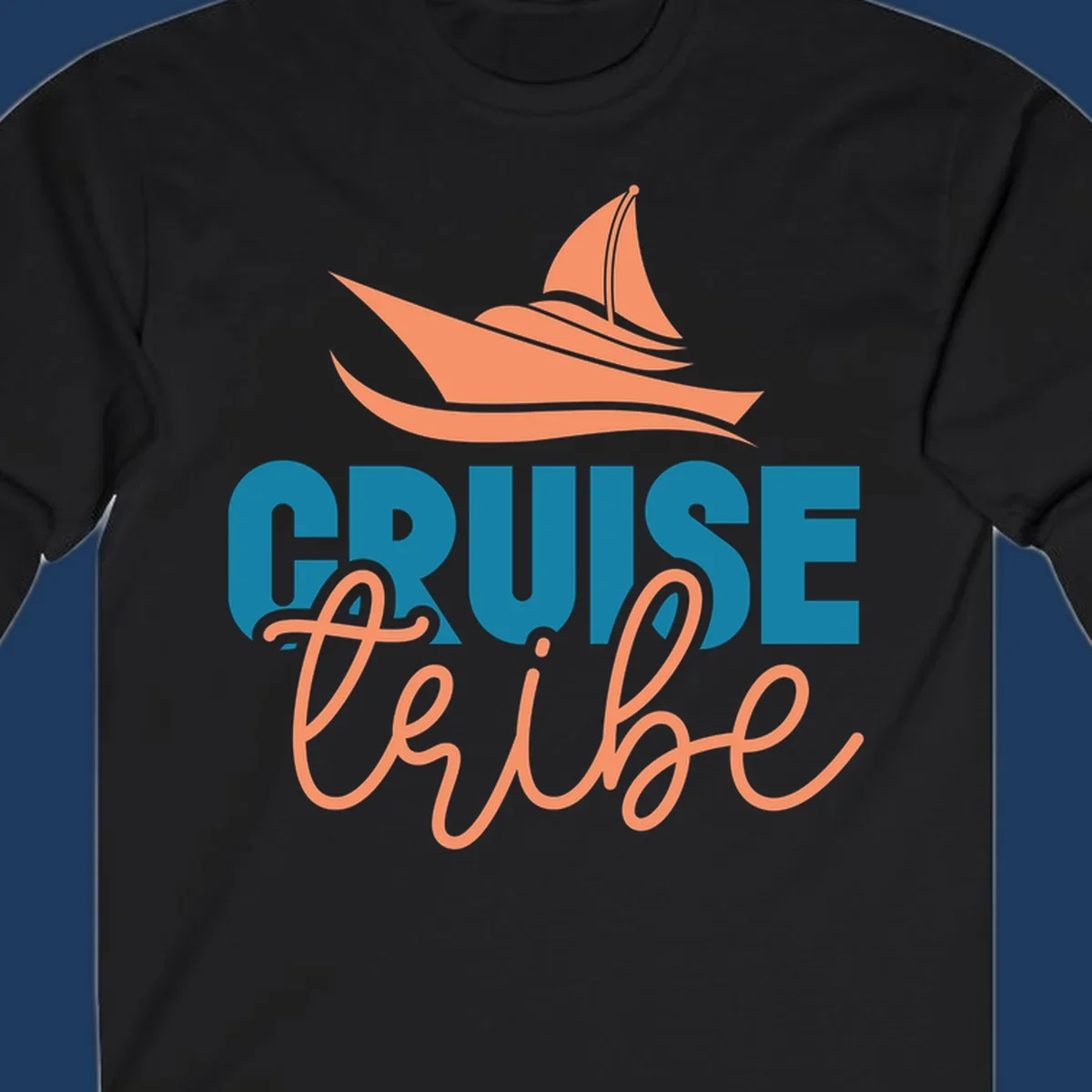 Cruise vibe sailboat design with coral sailboat, ocean waves, and teal and coral lettering on gray background