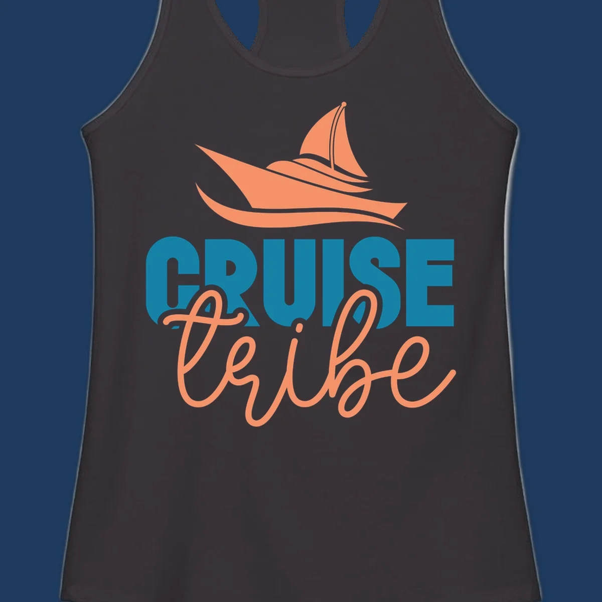 Cruise vibe sailboat design with coral sailboat, ocean waves, and teal and coral lettering on gray background