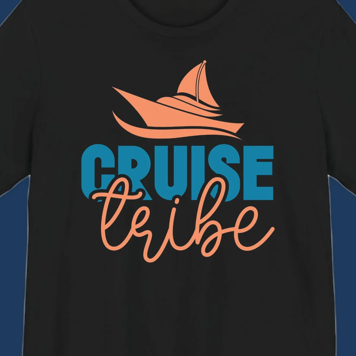 Cruise vibe sailboat design with coral sailboat, ocean waves, and teal and coral lettering on gray background