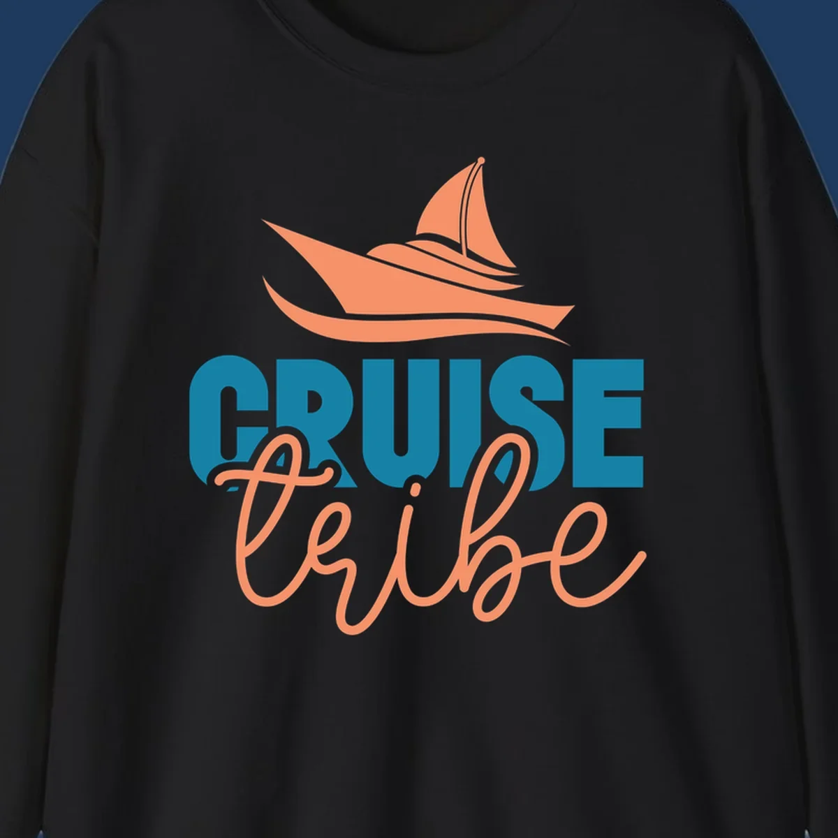 Cruise vibe sailboat design with coral sailboat, ocean waves, and teal and coral lettering on gray background