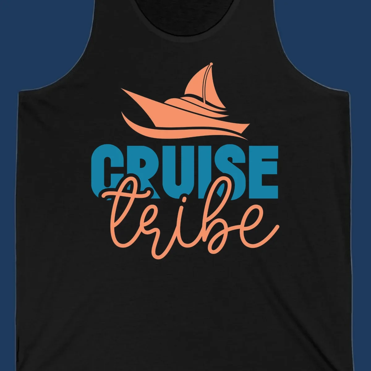 Cruise vibe sailboat design with coral sailboat, ocean waves, and teal and coral lettering on gray background