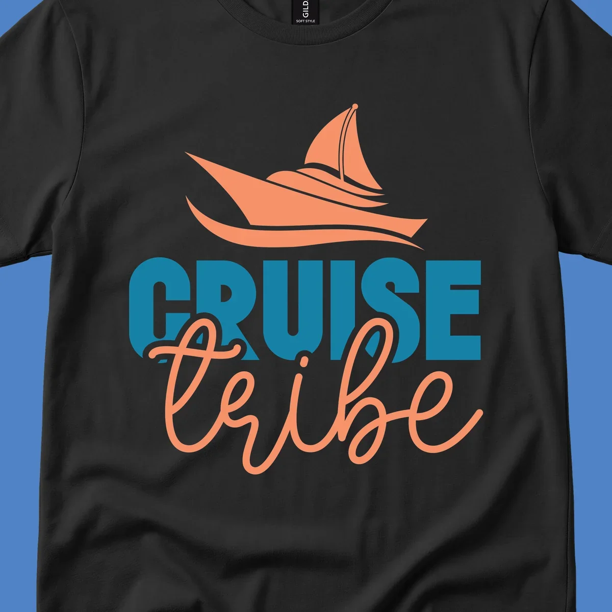 Cruise vibe sailboat design with coral sailboat, ocean waves, and teal and coral lettering on gray background