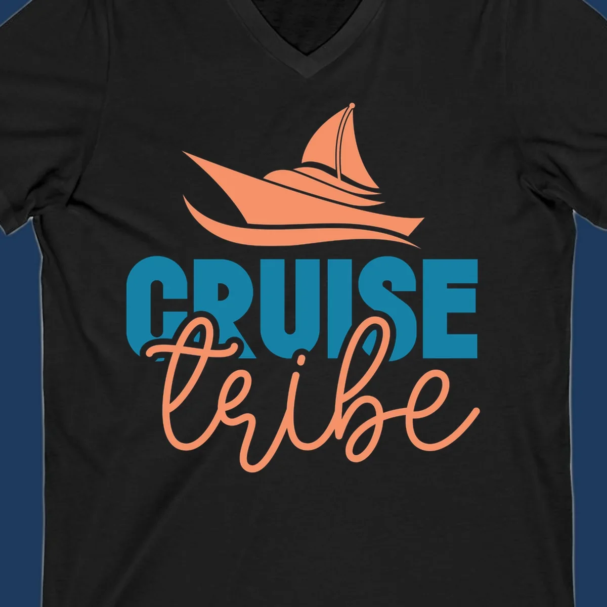 Cruise vibe sailboat design with coral sailboat, ocean waves, and teal and coral lettering on gray background