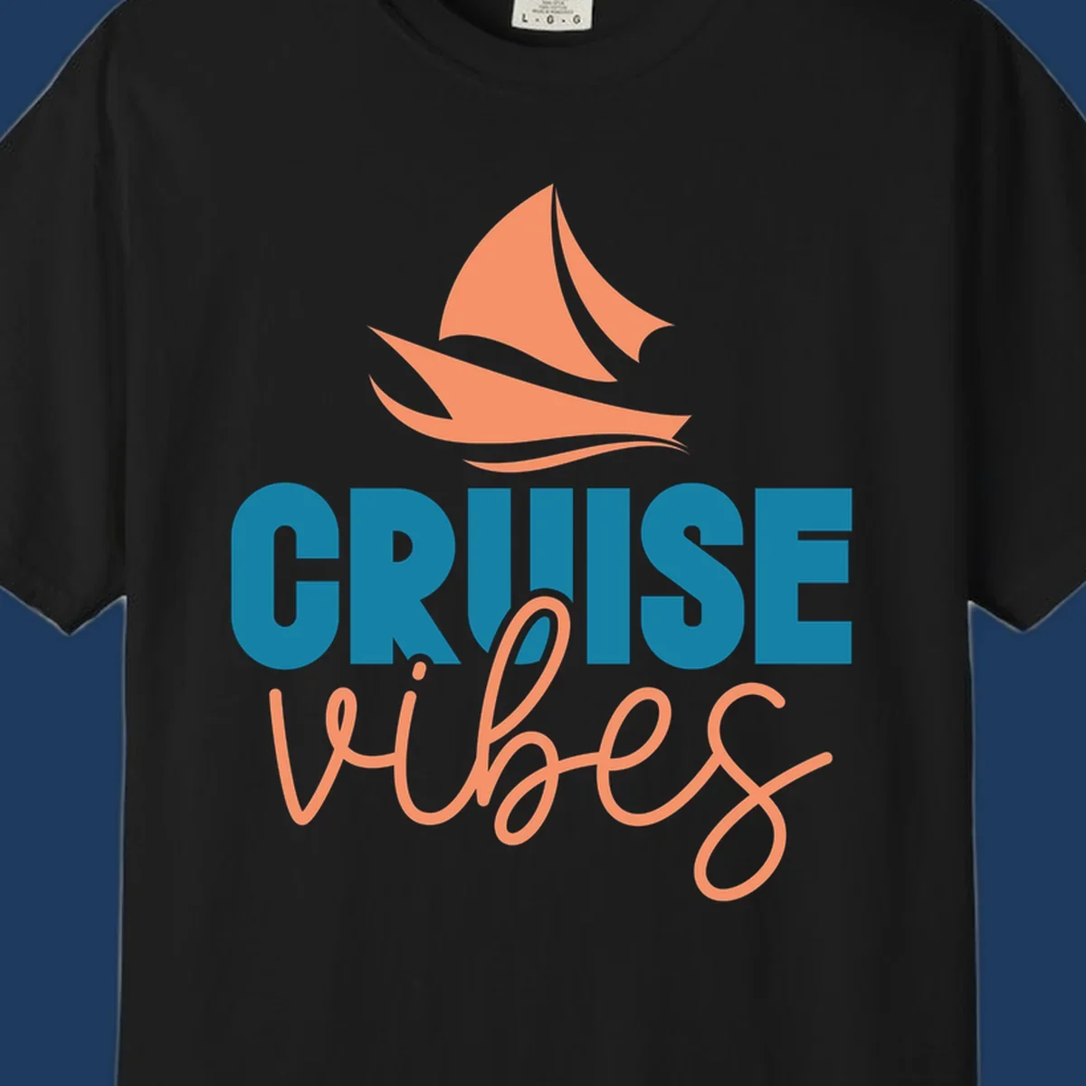 Cruise vibes sailboat design with coral sails and teal lettering on gray background
