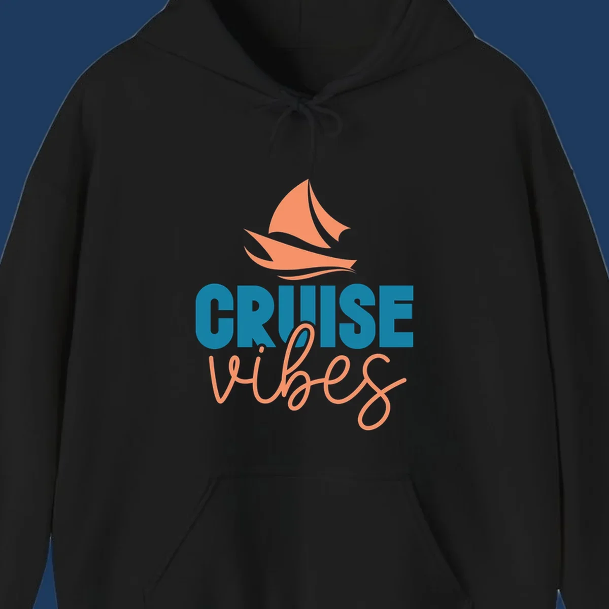 Cruise vibes sailboat design with coral sails and teal lettering on gray background
