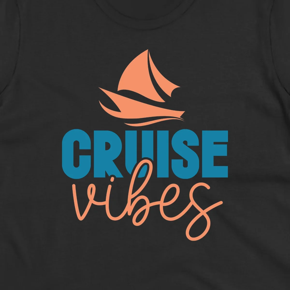 Cruise vibes sailboat design with coral sails and teal lettering on gray background