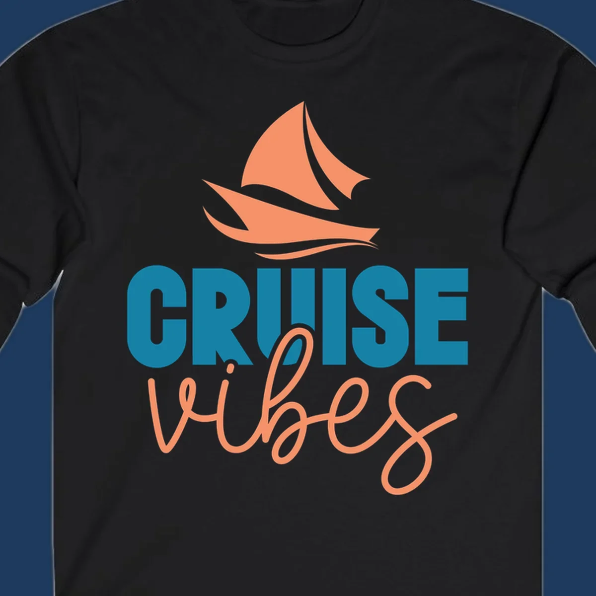 Cruise vibes sailboat design with coral sails and teal lettering on gray background