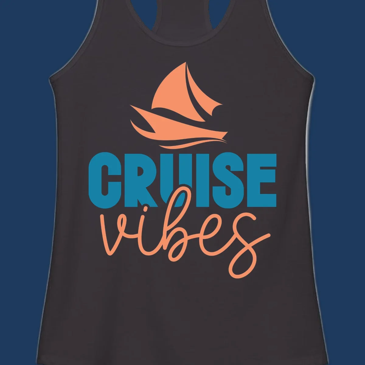 Cruise vibes sailboat design with coral sails and teal lettering on gray background