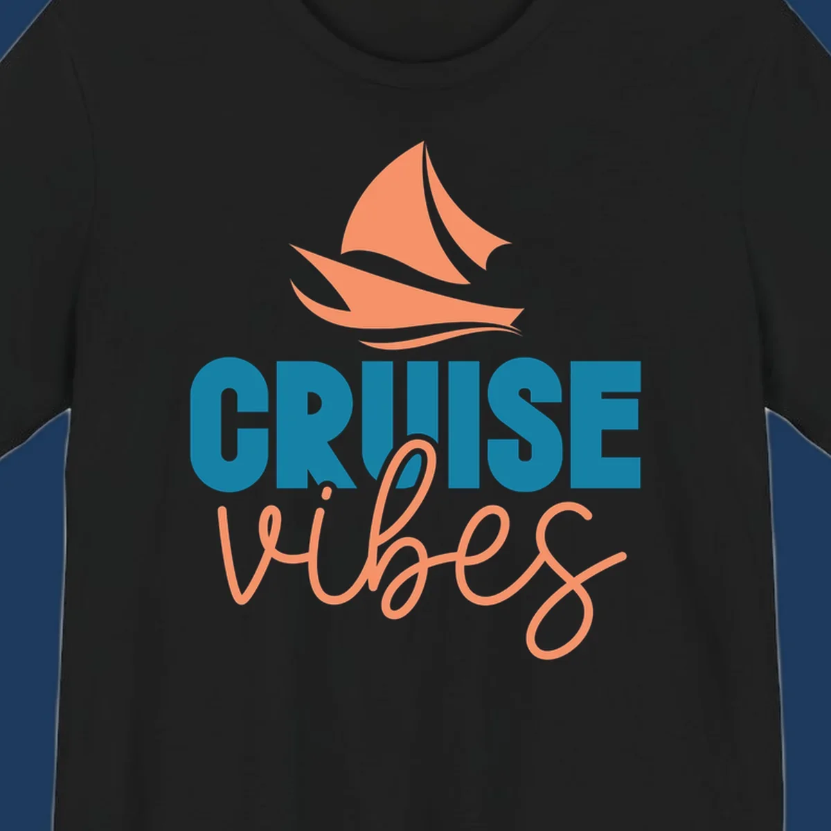 Cruise vibes sailboat design with coral sails and teal lettering on gray background