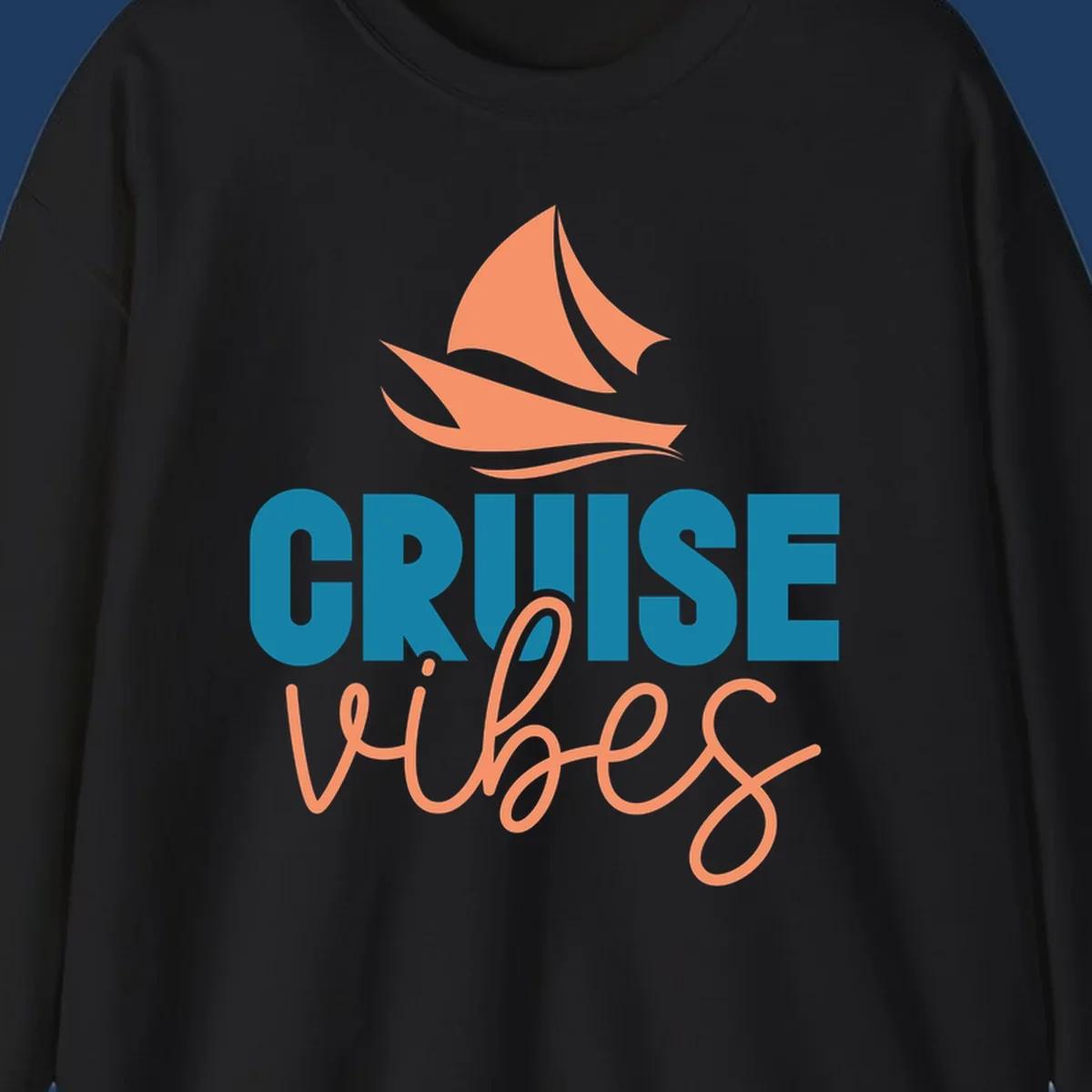 Cruise vibes sailboat design with coral sails and teal lettering on gray background
