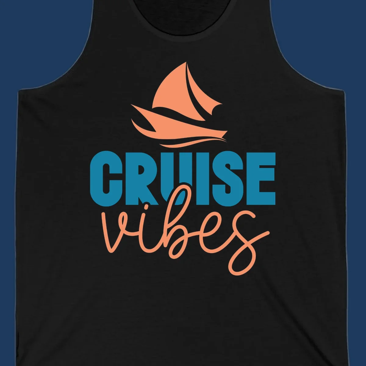 Cruise vibes sailboat design with coral sails and teal lettering on gray background