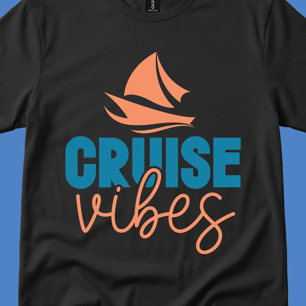 Cruise vibes sailboat design with coral sails and teal lettering on gray background