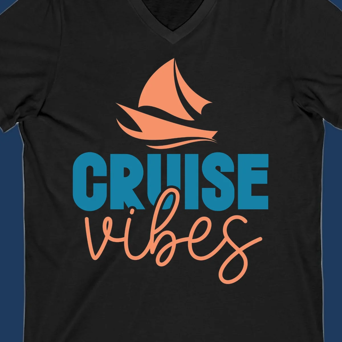 Cruise vibes sailboat design with coral sails and teal lettering on gray background