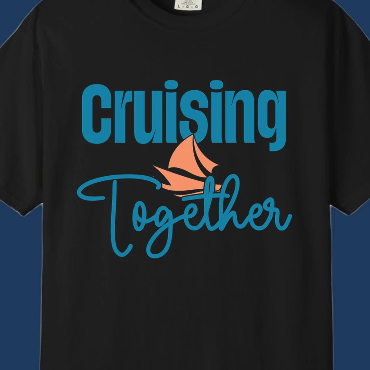 Teal and coral sailboat illustration with 'Cruising Together' text in cursive lettering on gray background