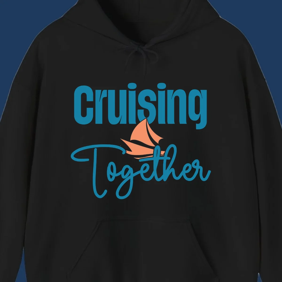 Teal and coral sailboat illustration with 'Cruising Together' text in cursive lettering on gray background