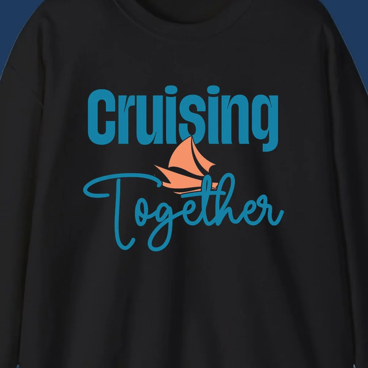 Teal and coral sailboat illustration with 'Cruising Together' text in cursive lettering on gray background