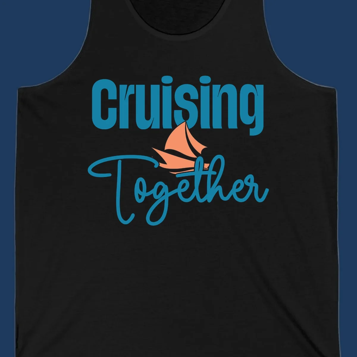 Teal and coral sailboat illustration with 'Cruising Together' text in cursive lettering on gray background