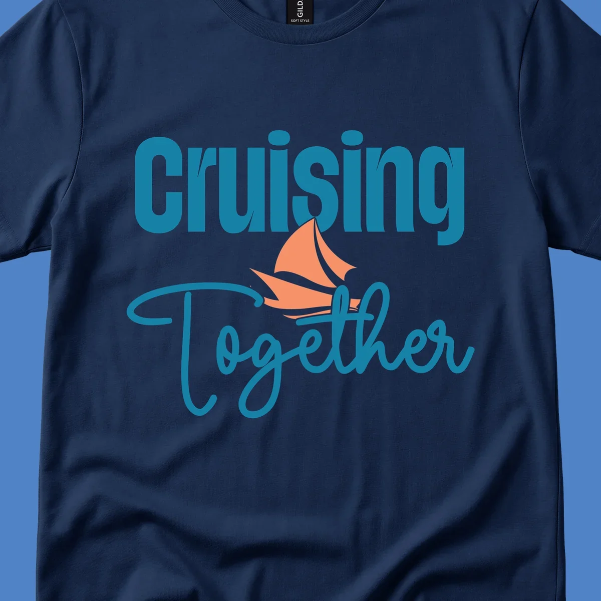 Teal and coral sailboat illustration with 'Cruising Together' text in cursive lettering on gray background