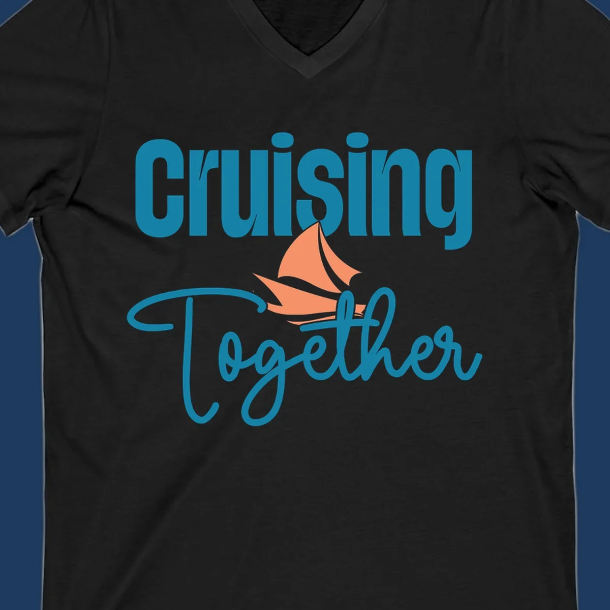 Teal and coral sailboat illustration with 'Cruising Together' text in cursive lettering on gray background
