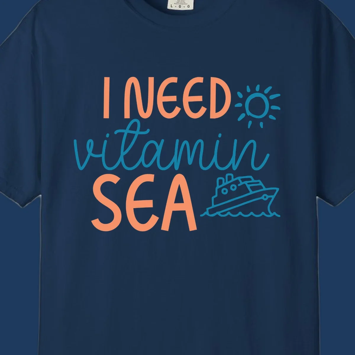 Colorful vitamin sea cruise design with sun, ship, and waves in coral and teal on gray background.
