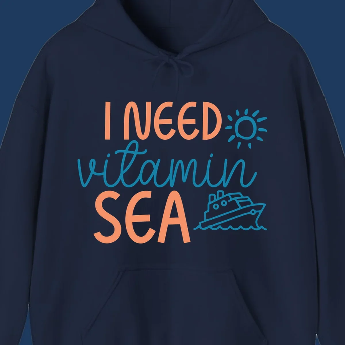 Colorful vitamin sea cruise design with sun, ship, and waves in coral and teal on gray background.