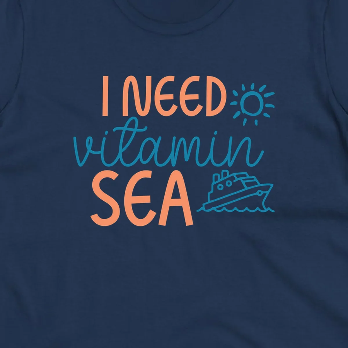 Colorful vitamin sea cruise design with sun, ship, and waves in coral and teal on gray background.