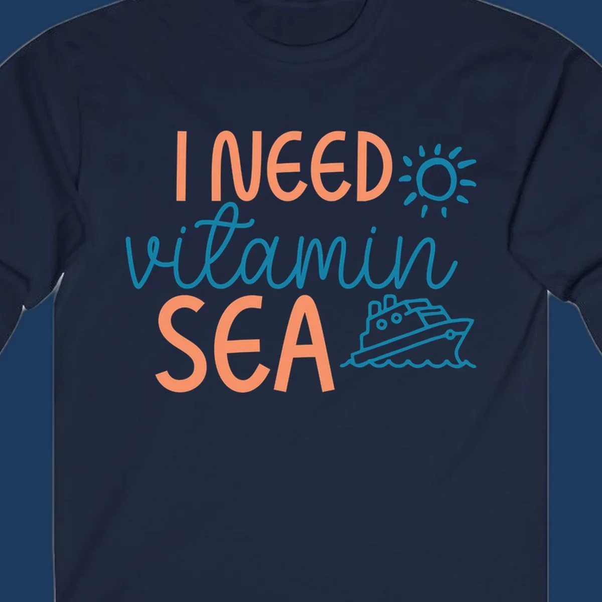 Colorful vitamin sea cruise design with sun, ship, and waves in coral and teal on gray background.