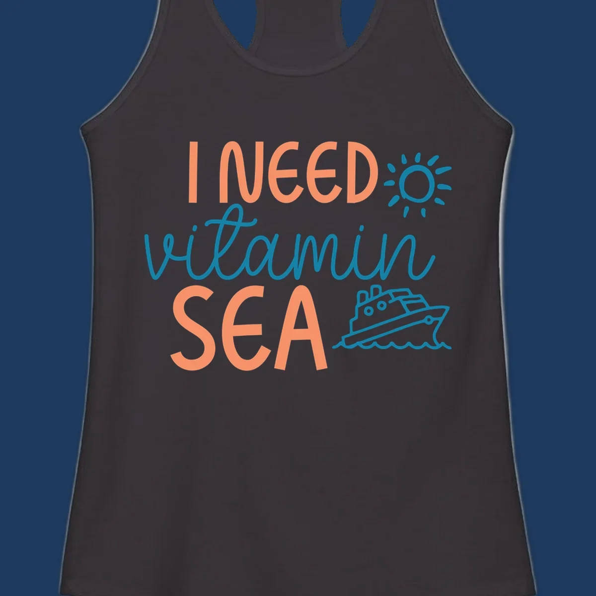 Colorful vitamin sea cruise design with sun, ship, and waves in coral and teal on gray background.