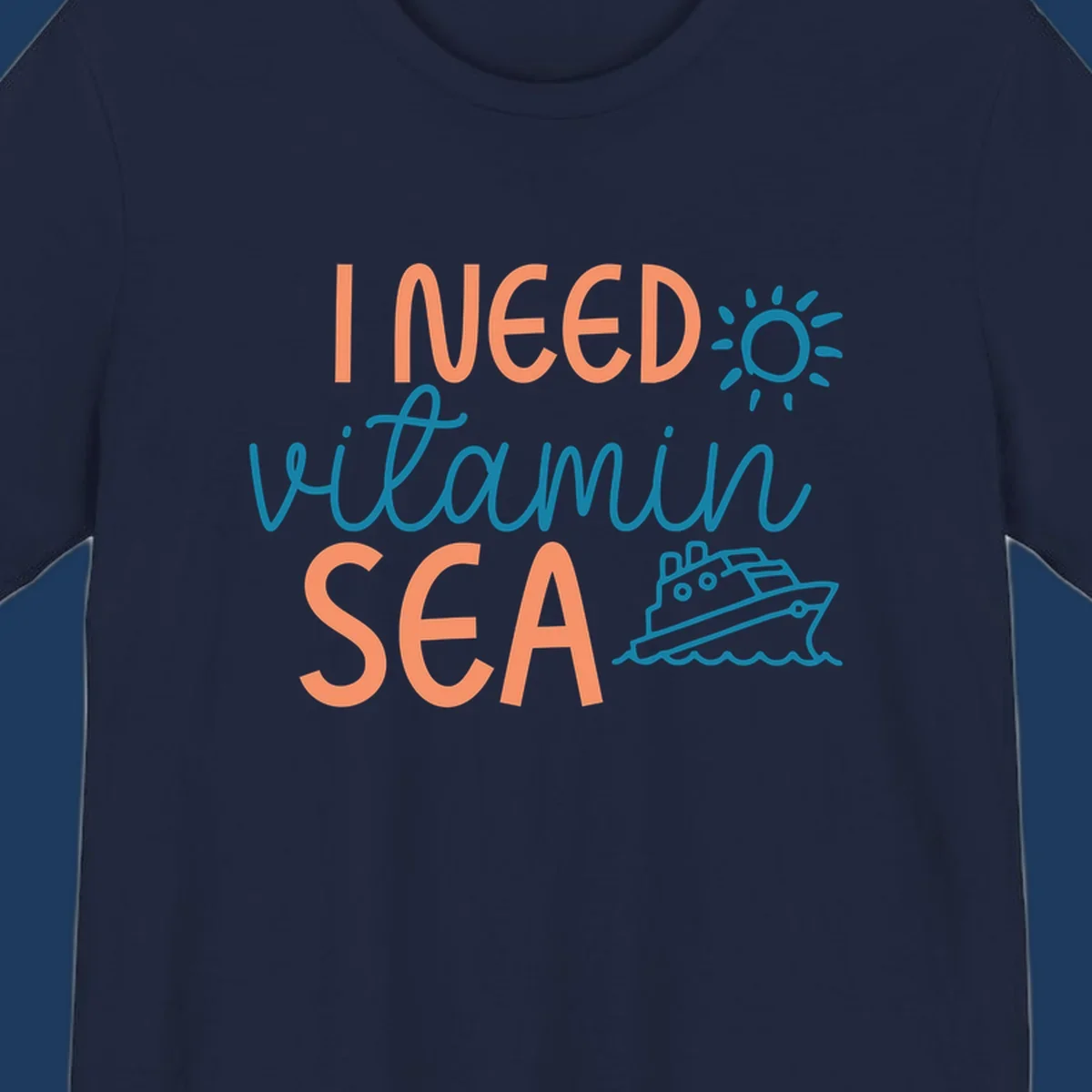 Colorful vitamin sea cruise design with sun, ship, and waves in coral and teal on gray background.