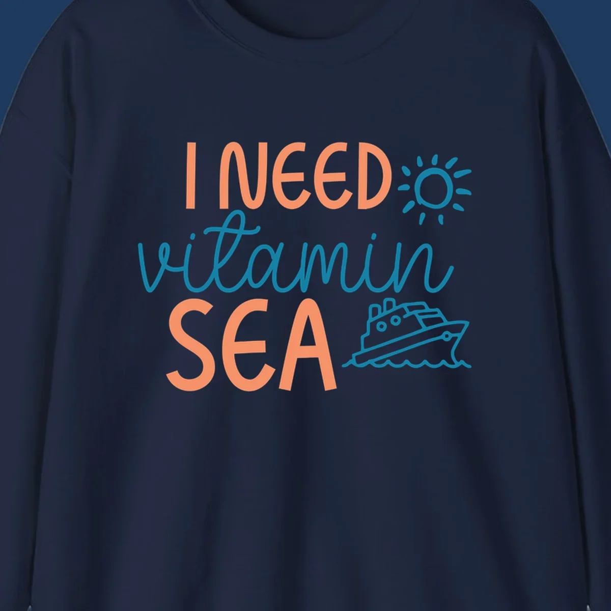 Colorful vitamin sea cruise design with sun, ship, and waves in coral and teal on gray background.