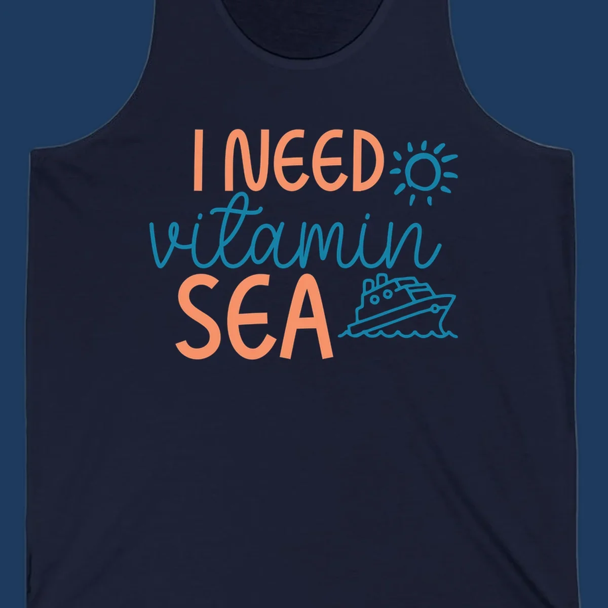 Colorful vitamin sea cruise design with sun, ship, and waves in coral and teal on gray background.
