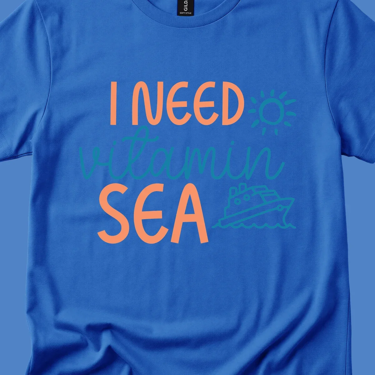 Colorful vitamin sea cruise design with sun, ship, and waves in coral and teal on gray background.