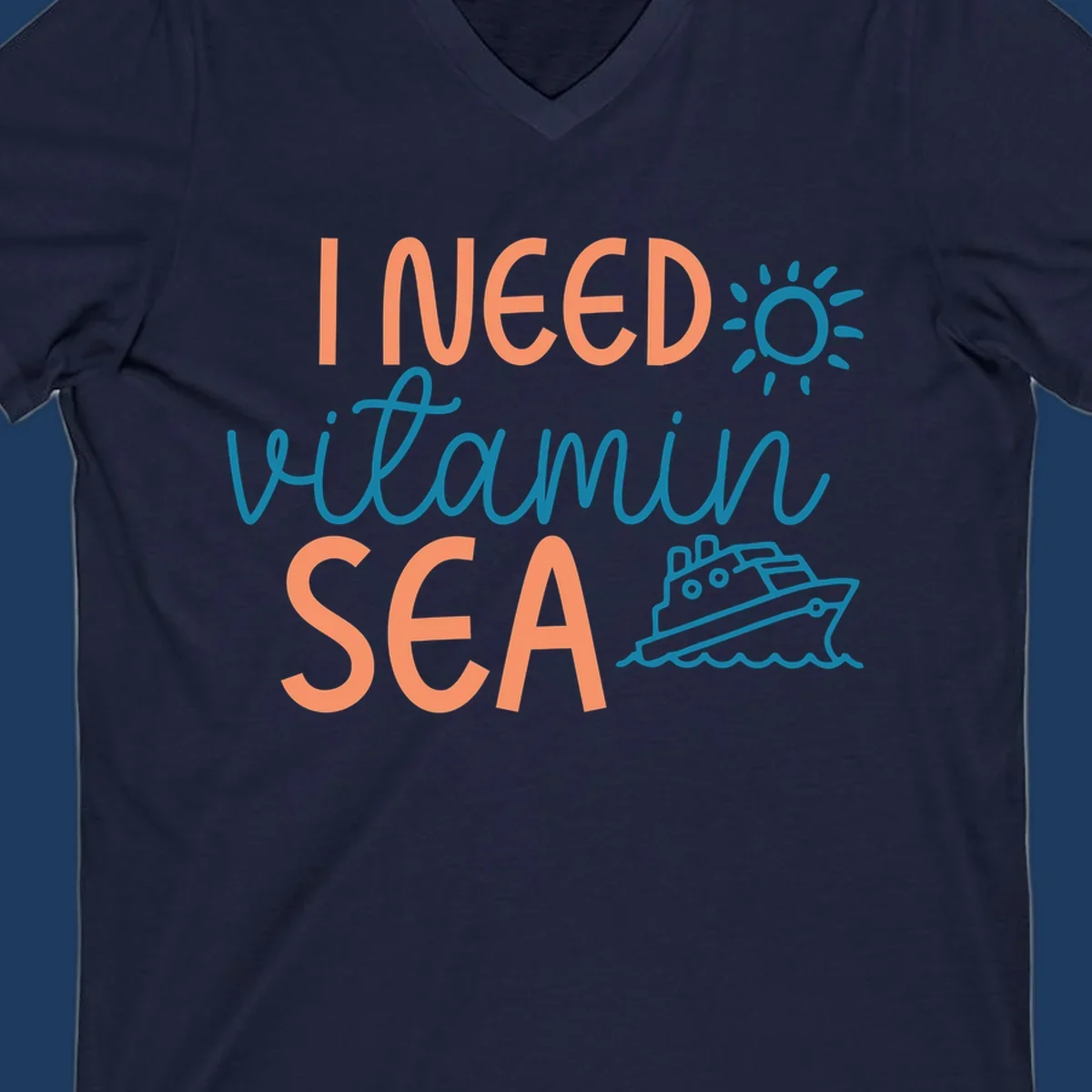 Colorful vitamin sea cruise design with sun, ship, and waves in coral and teal on gray background.