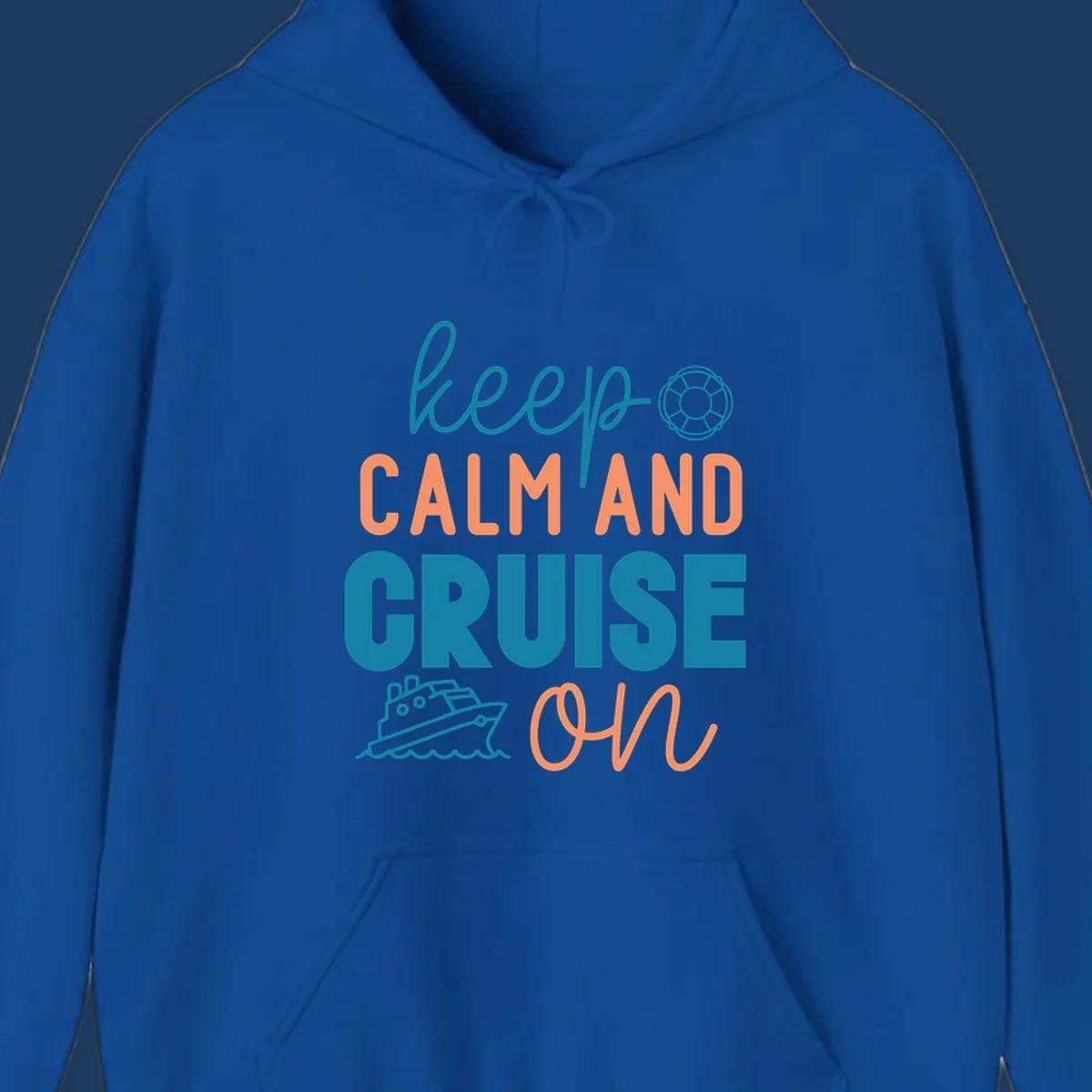Keep Calm and Cruise On design with life preserver and cruise ship illustration on nautical-themed artwork