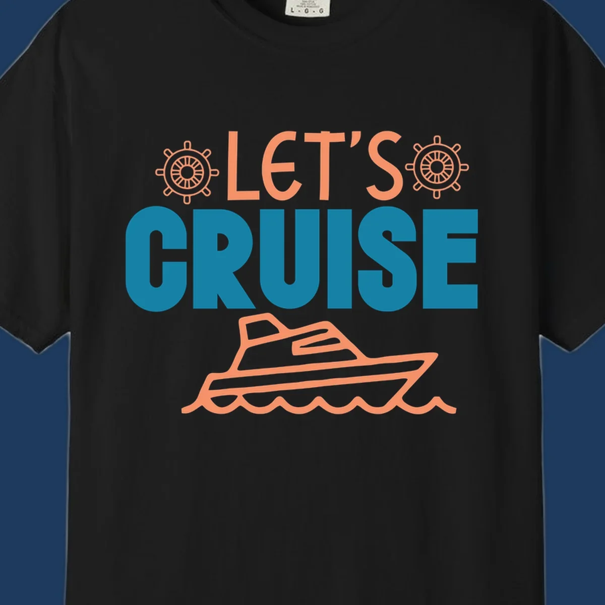 Let's cruise nautical design with orange ship wheels, yacht, and ocean waves on teal and coral colors