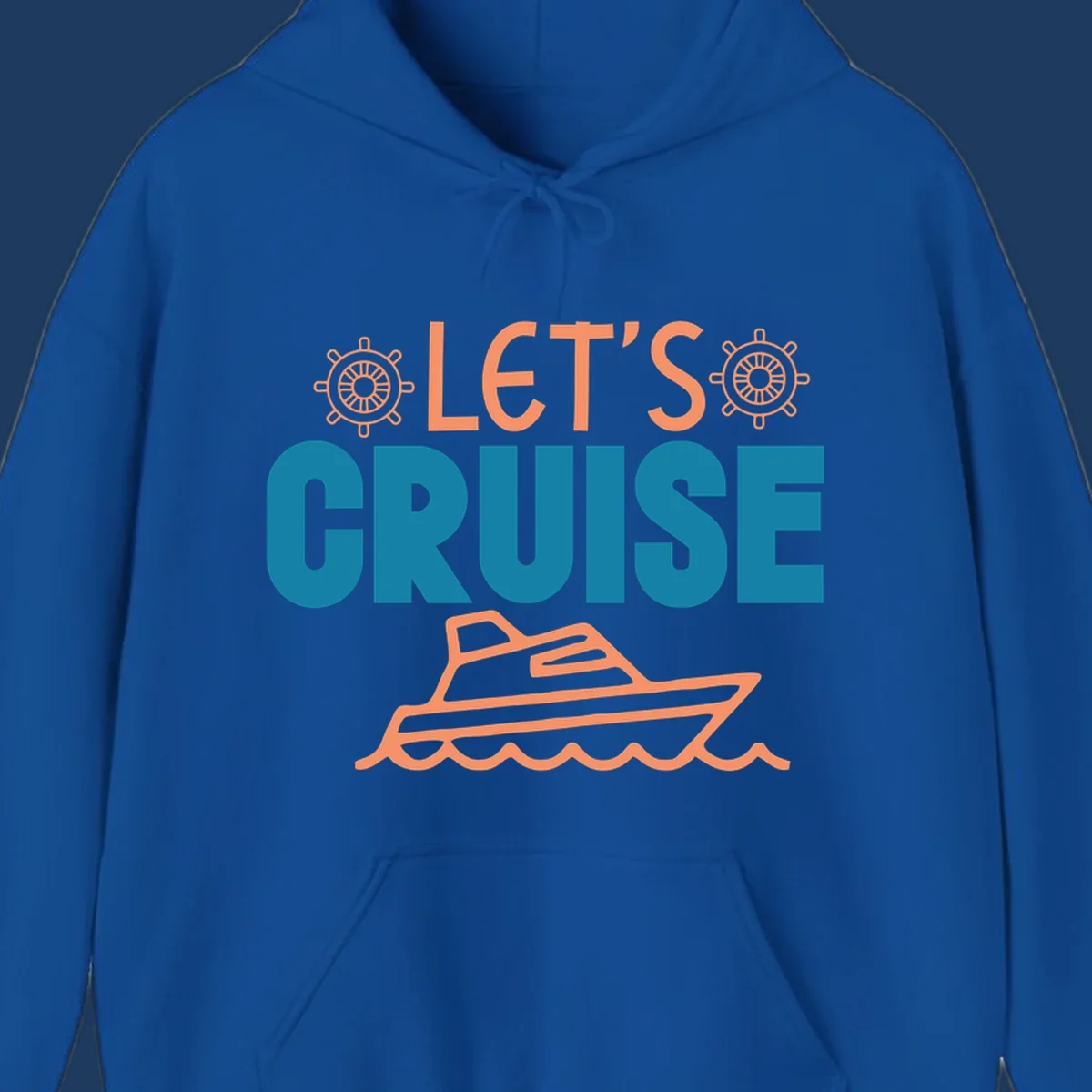 Let's cruise nautical design with orange ship wheels, yacht, and ocean waves on teal and coral colors